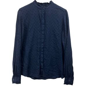 LOFT Navy Blue Textured Ruffle Neck Button Up Long Sleeve Blouse Women's Medium